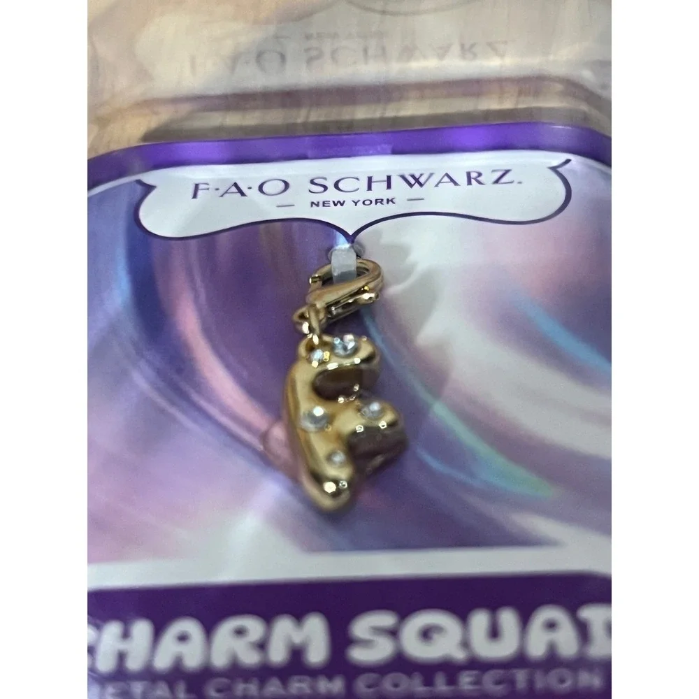 FAO Schwarz Charm Squad Metal Initial F Charm Gold Tone Crystal New In Box‎